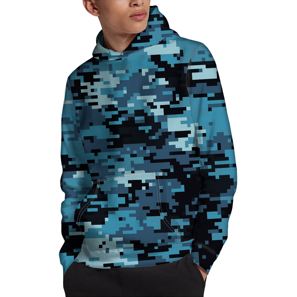 Blue And Black Digital Camo Print Pullover Hoodie