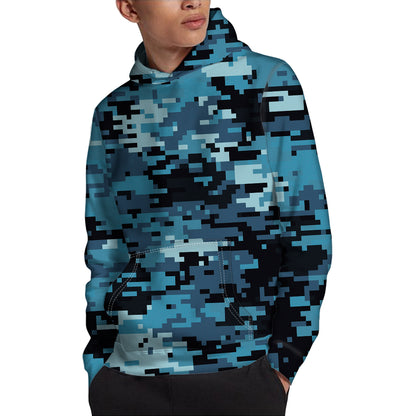 Blue And Black Digital Camo Print Pullover Hoodie