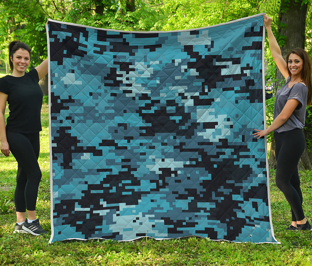 Blue And Black Digital Camo Print Quilt