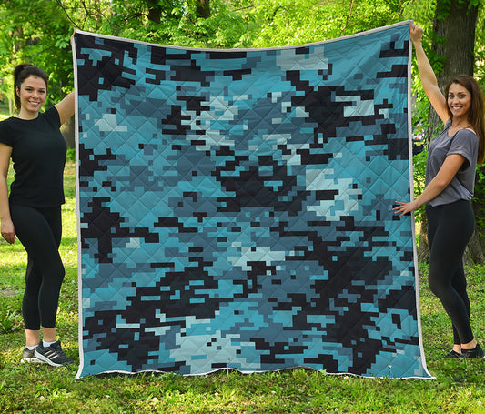 Blue And Black Digital Camo Print Quilt
