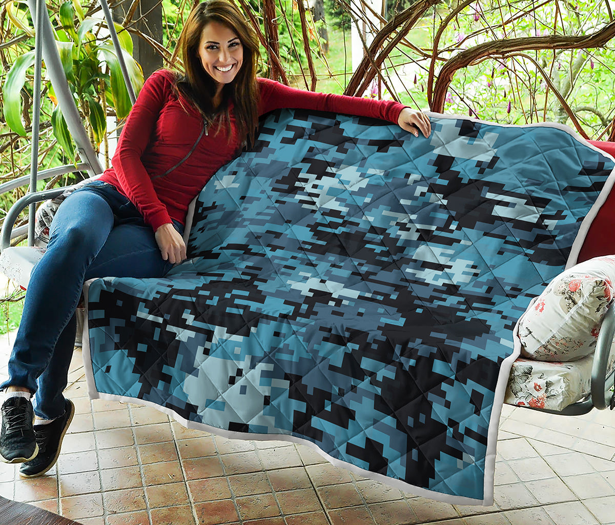 Blue And Black Digital Camo Print Quilt