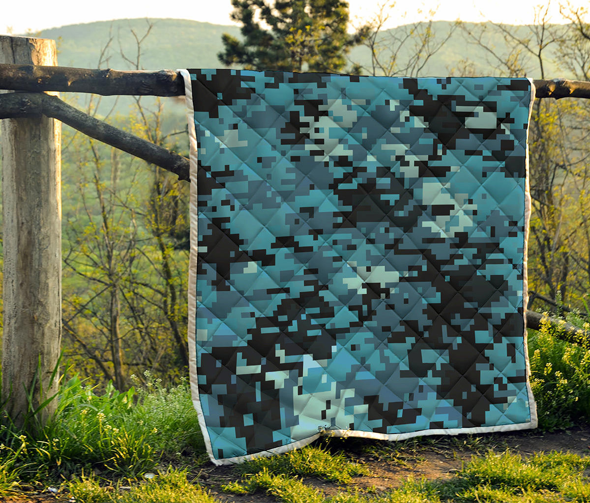 Blue And Black Digital Camo Print Quilt