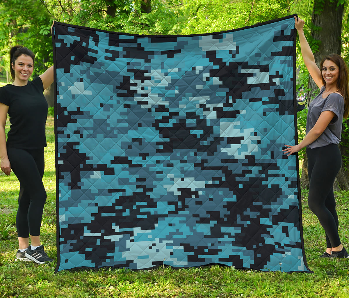 Blue And Black Digital Camo Print Quilt