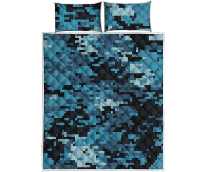Blue And Black Digital Camo Print Quilt Bed Set