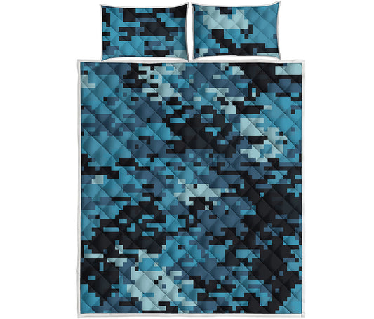 Blue And Black Digital Camo Print Quilt Bed Set