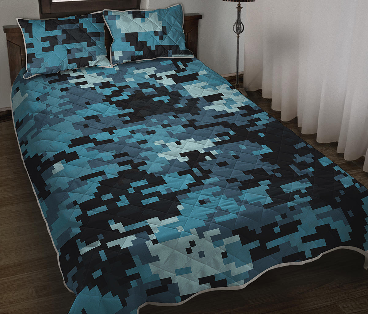 Blue And Black Digital Camo Print Quilt Bed Set