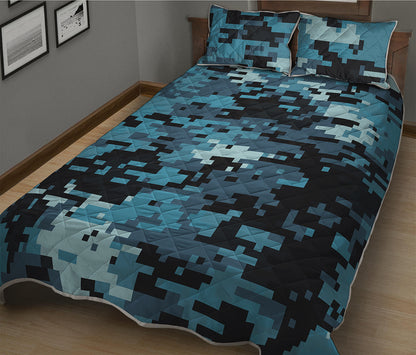 Blue And Black Digital Camo Print Quilt Bed Set