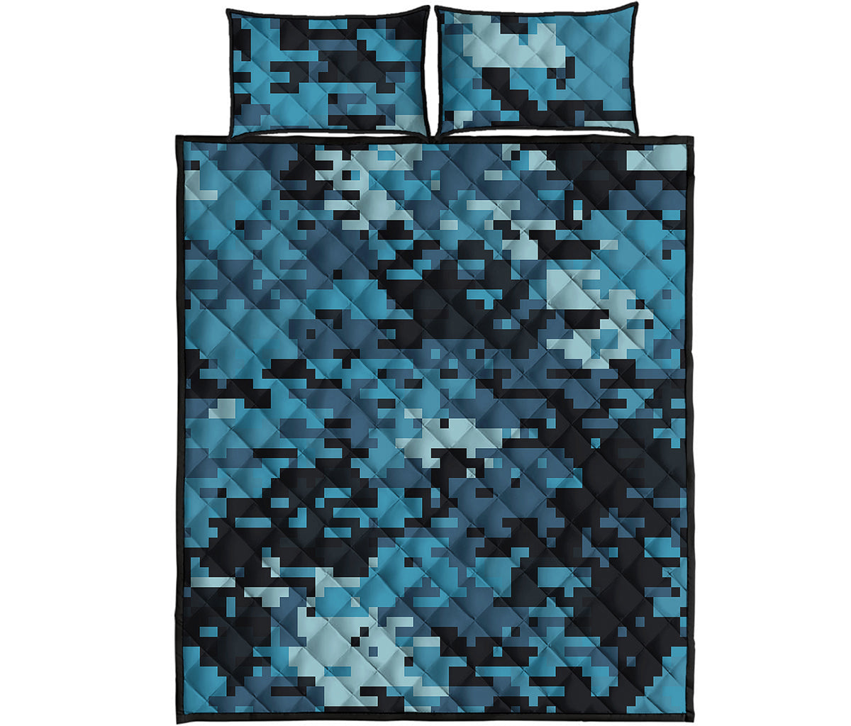 Blue And Black Digital Camo Print Quilt Bed Set