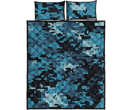 Blue And Black Digital Camo Print Quilt Bed Set