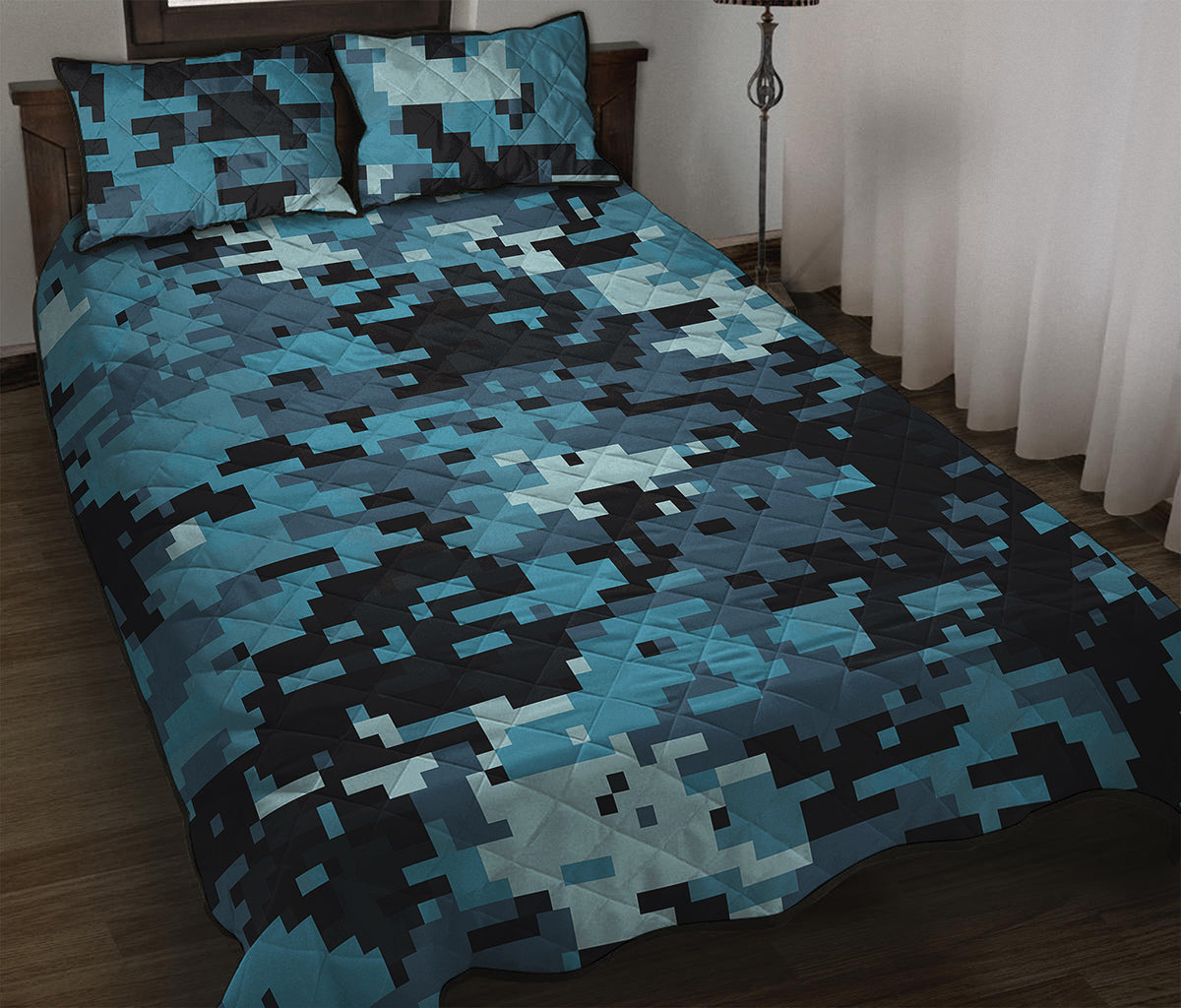 Blue And Black Digital Camo Print Quilt Bed Set