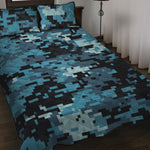 Blue And Black Digital Camo Print Quilt Bed Set