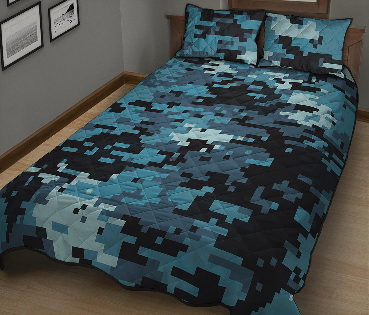 Blue And Black Digital Camo Print Quilt Bed Set