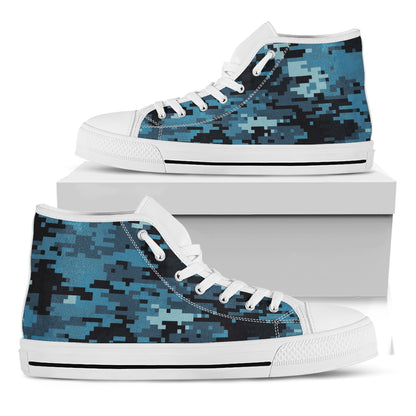 Blue And Black Digital Camo Print White High Top Shoes