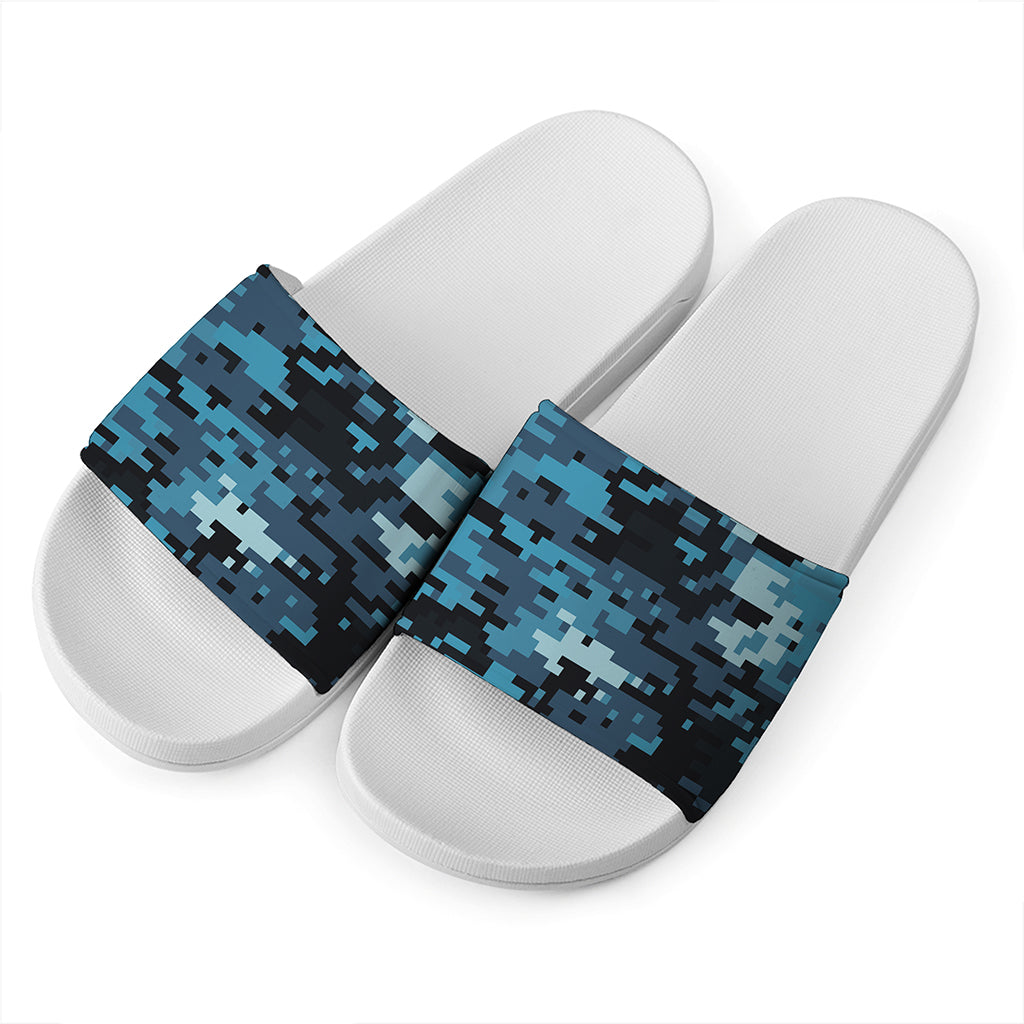 Blue And Black Digital Camo Print White Slide Sandals