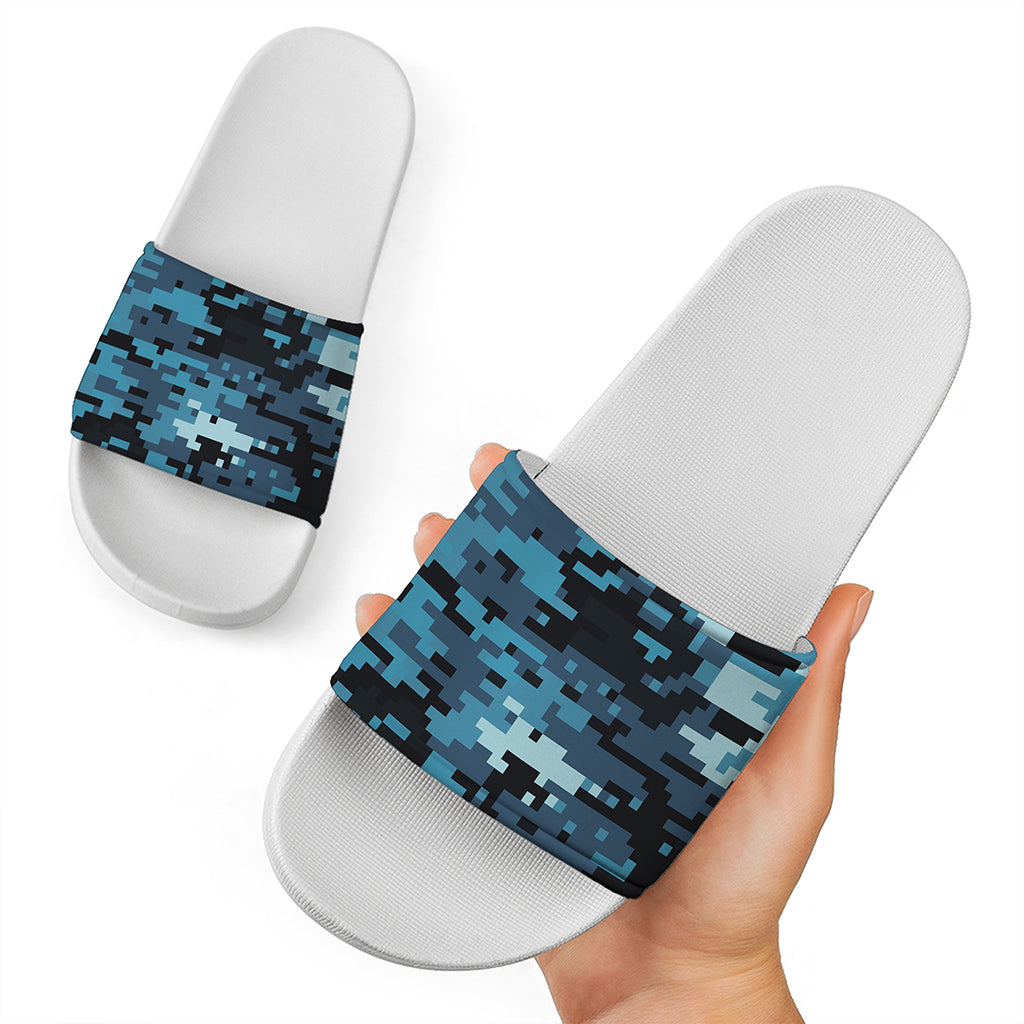Blue And Black Digital Camo Print White Slide Sandals