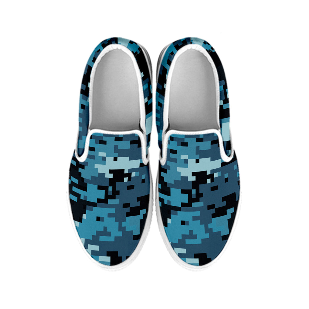Blue And Black Digital Camo Print White Slip On Shoes