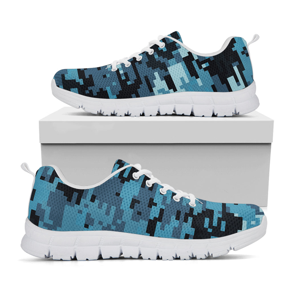 Blue And Black Digital Camo Print White Sneakers