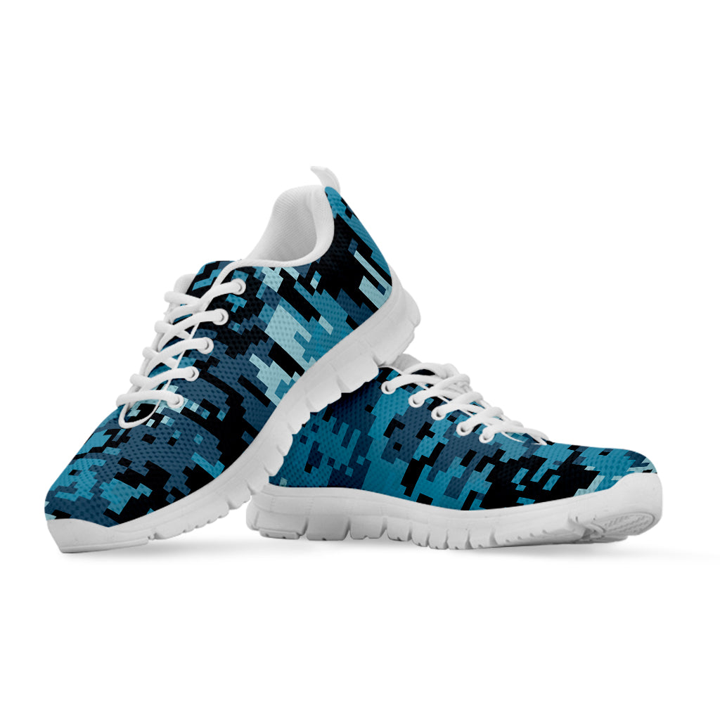 Blue And Black Digital Camo Print White Sneakers