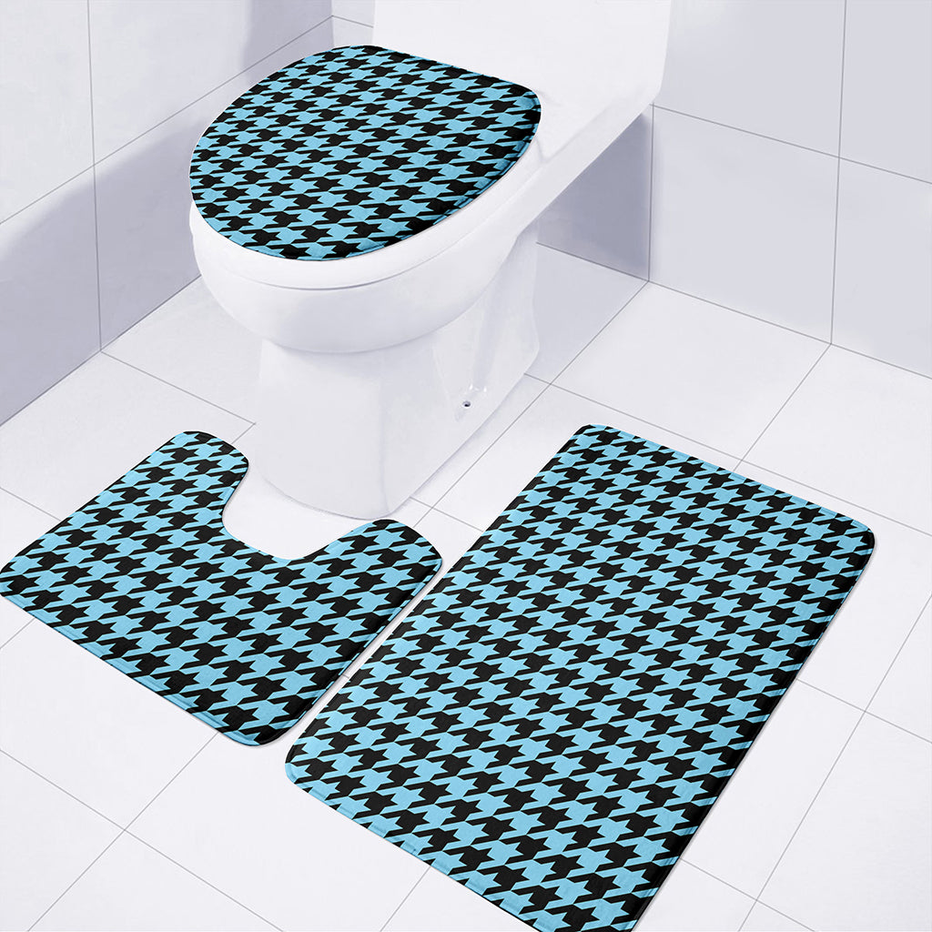 Blue And Black Houndstooth Pattern Print 3 Piece Bath Mat Set