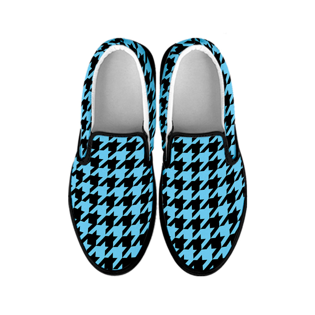 Blue And Black Houndstooth Pattern Print Black Slip On Shoes