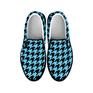 Blue And Black Houndstooth Pattern Print Black Slip On Shoes