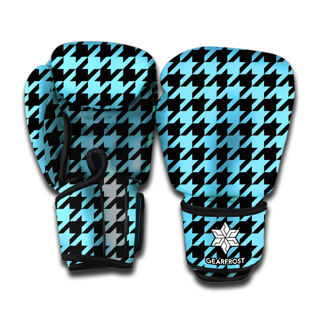 Blue And Black Houndstooth Pattern Print Boxing Gloves