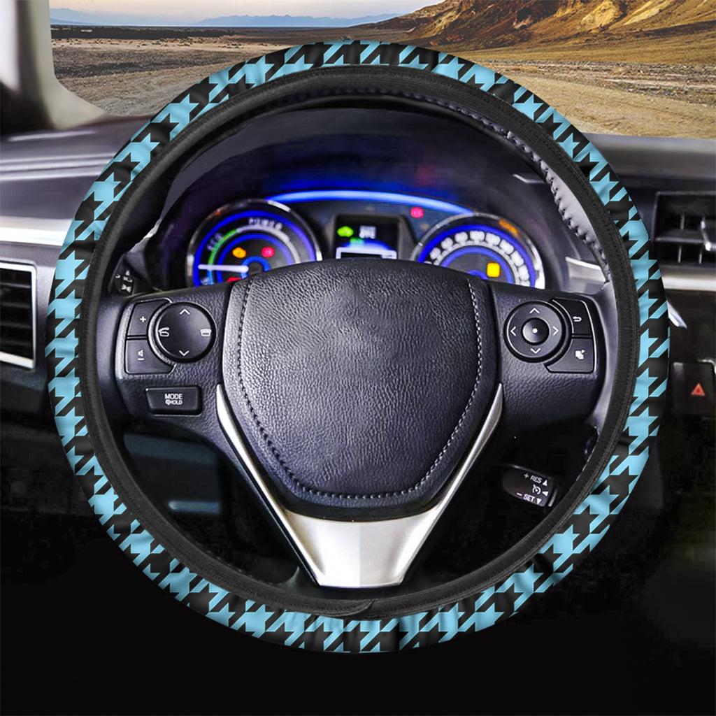 Blue And Black Houndstooth Pattern Print Car Steering Wheel Cover