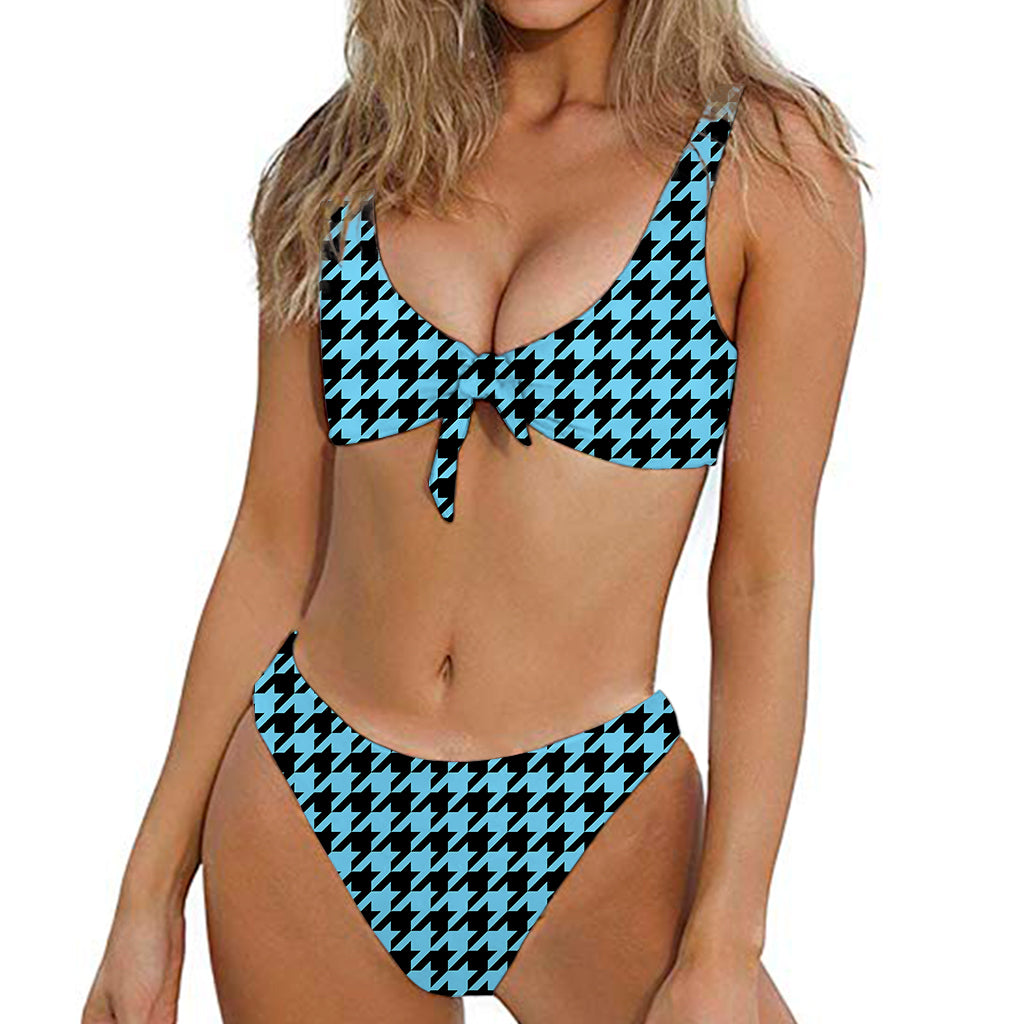 Blue And Black Houndstooth Pattern Print Front Bow Tie Bikini