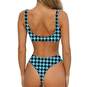 Blue And Black Houndstooth Pattern Print Front Bow Tie Bikini