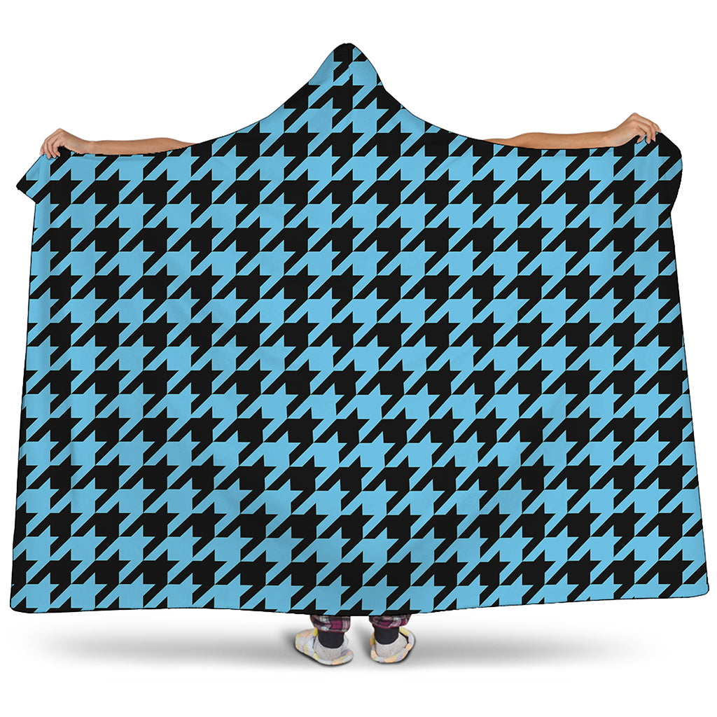 Blue And Black Houndstooth Pattern Print Hooded Blanket