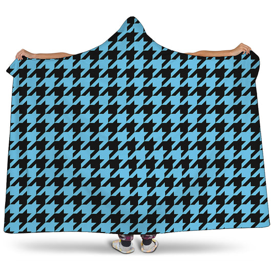 Blue And Black Houndstooth Pattern Print Hooded Blanket