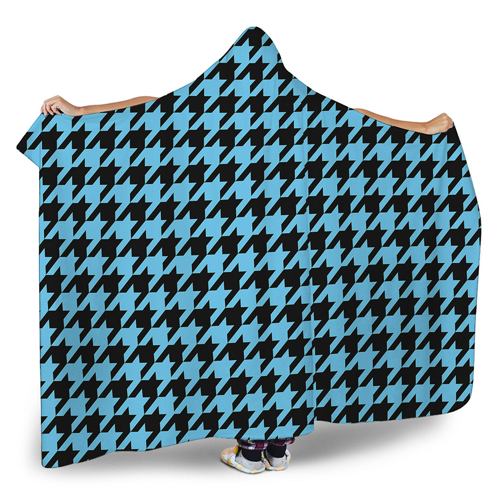 Blue And Black Houndstooth Pattern Print Hooded Blanket