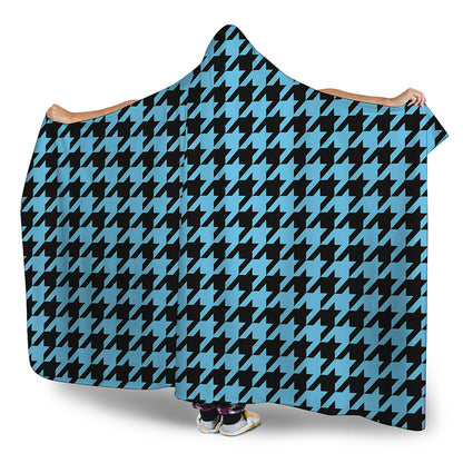 Blue And Black Houndstooth Pattern Print Hooded Blanket
