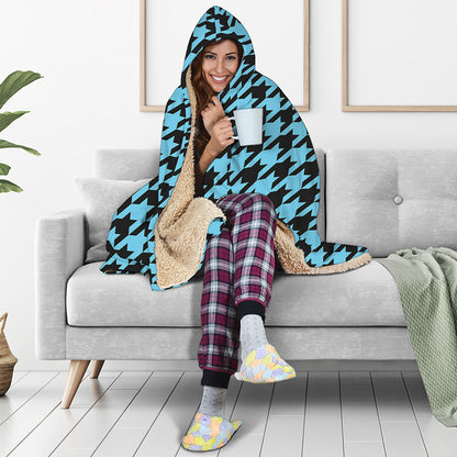 Blue And Black Houndstooth Pattern Print Hooded Blanket