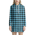 Blue And Black Houndstooth Pattern Print Pullover Hoodie Dress