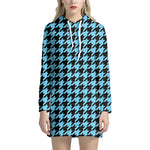 Blue And Black Houndstooth Pattern Print Hoodie Dress