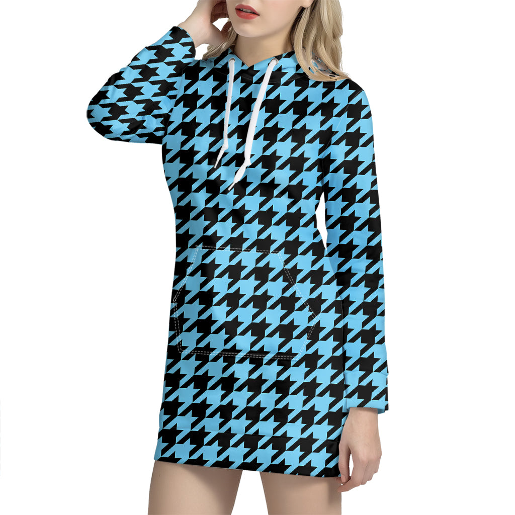 Blue And Black Houndstooth Pattern Print Hoodie Dress