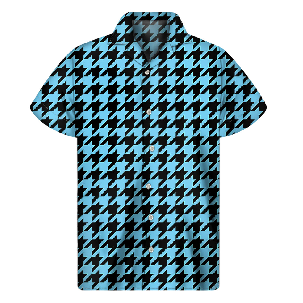 Blue And Black Houndstooth Pattern Print Men's Short Sleeve Shirt