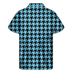 Blue And Black Houndstooth Pattern Print Men's Short Sleeve Shirt