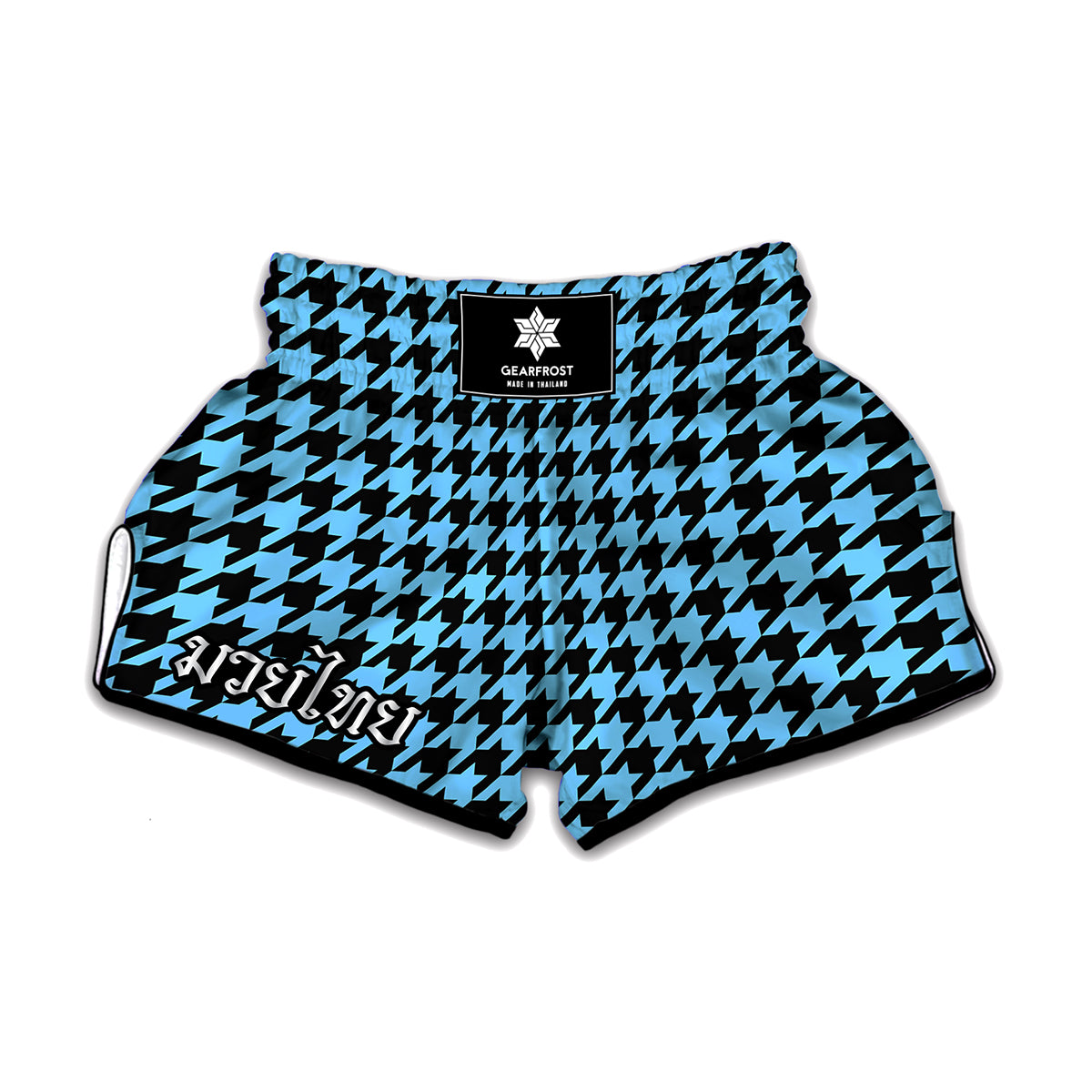 Blue And Black Houndstooth Pattern Print Muay Thai Boxing Shorts