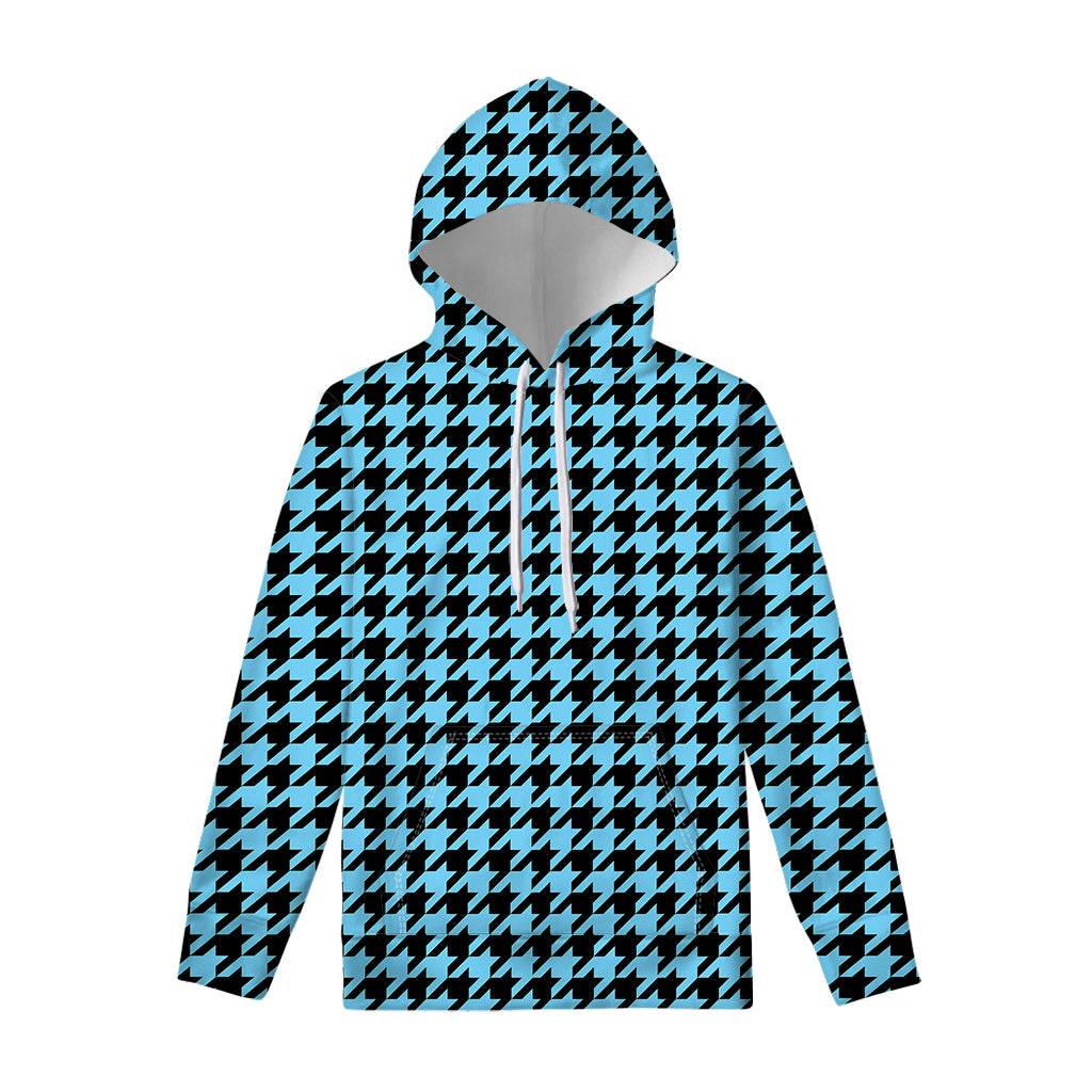 Blue And Black Houndstooth Pattern Print Pullover Hoodie