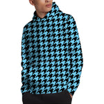 Blue And Black Houndstooth Pattern Print Pullover Hoodie