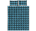 Blue And Black Houndstooth Pattern Print Quilt Bed Set