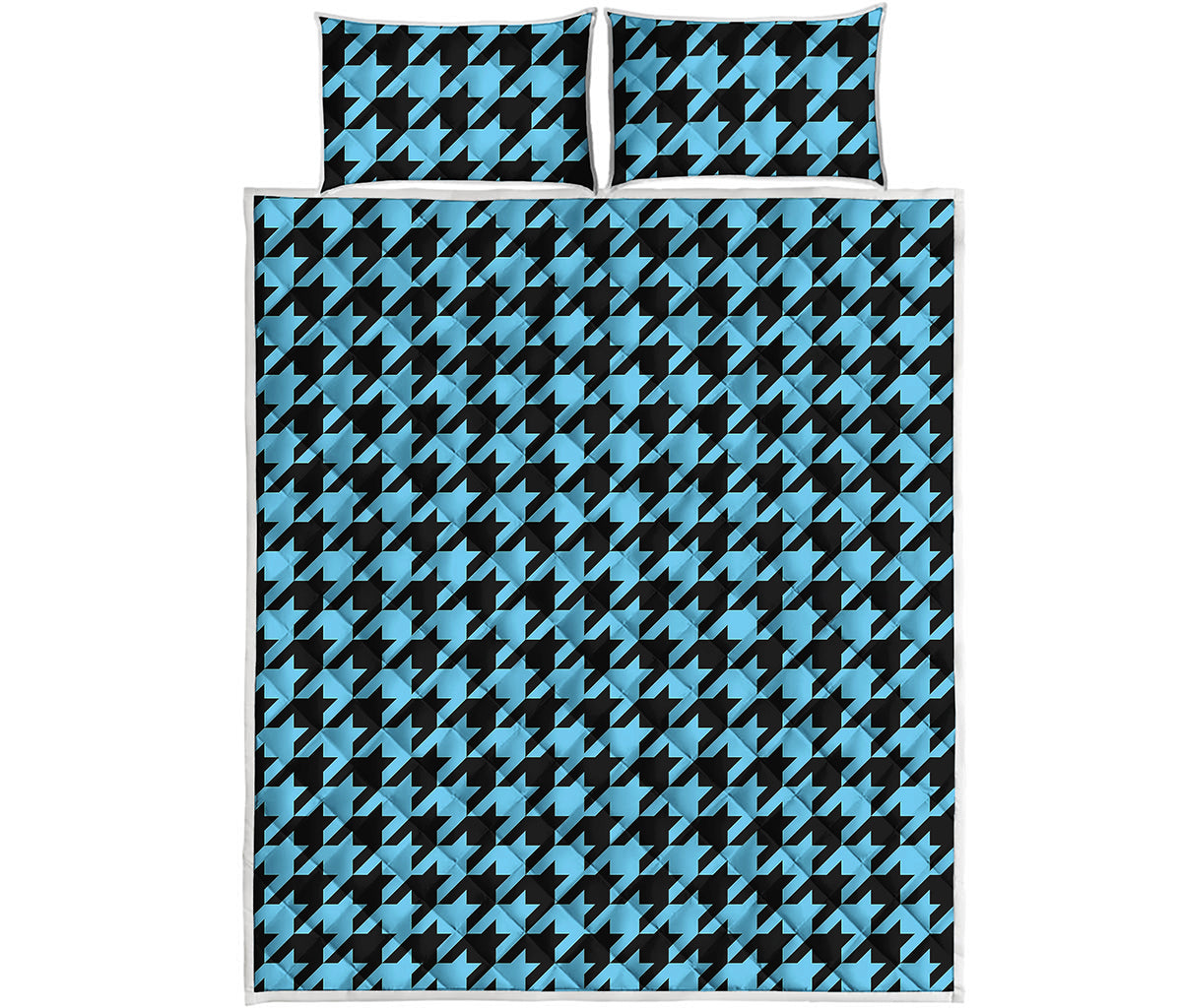 Blue And Black Houndstooth Pattern Print Quilt Bed Set
