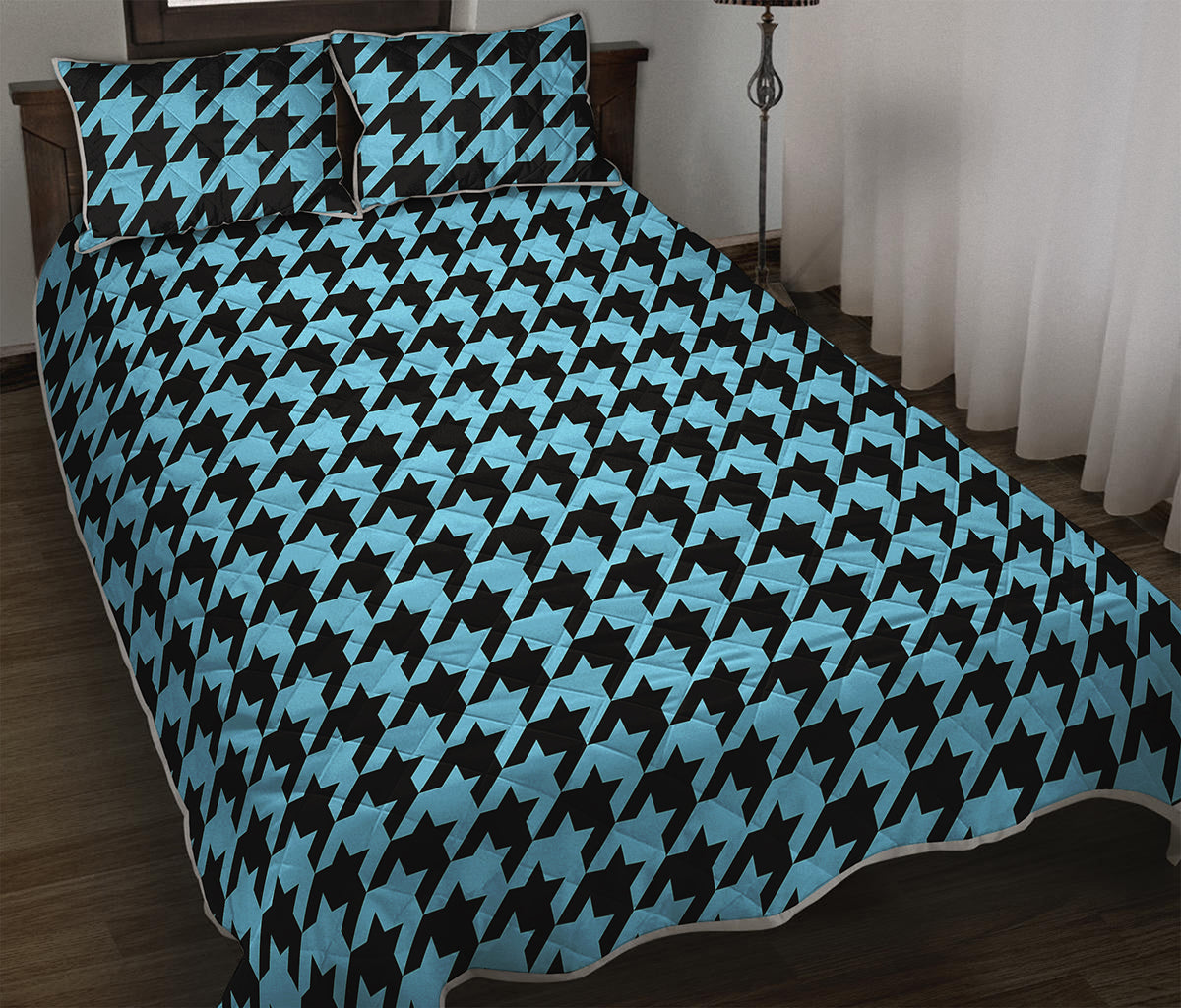 Blue And Black Houndstooth Pattern Print Quilt Bed Set
