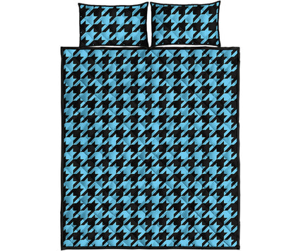 Blue And Black Houndstooth Pattern Print Quilt Bed Set