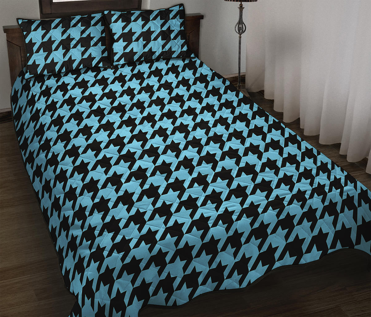 Blue And Black Houndstooth Pattern Print Quilt Bed Set