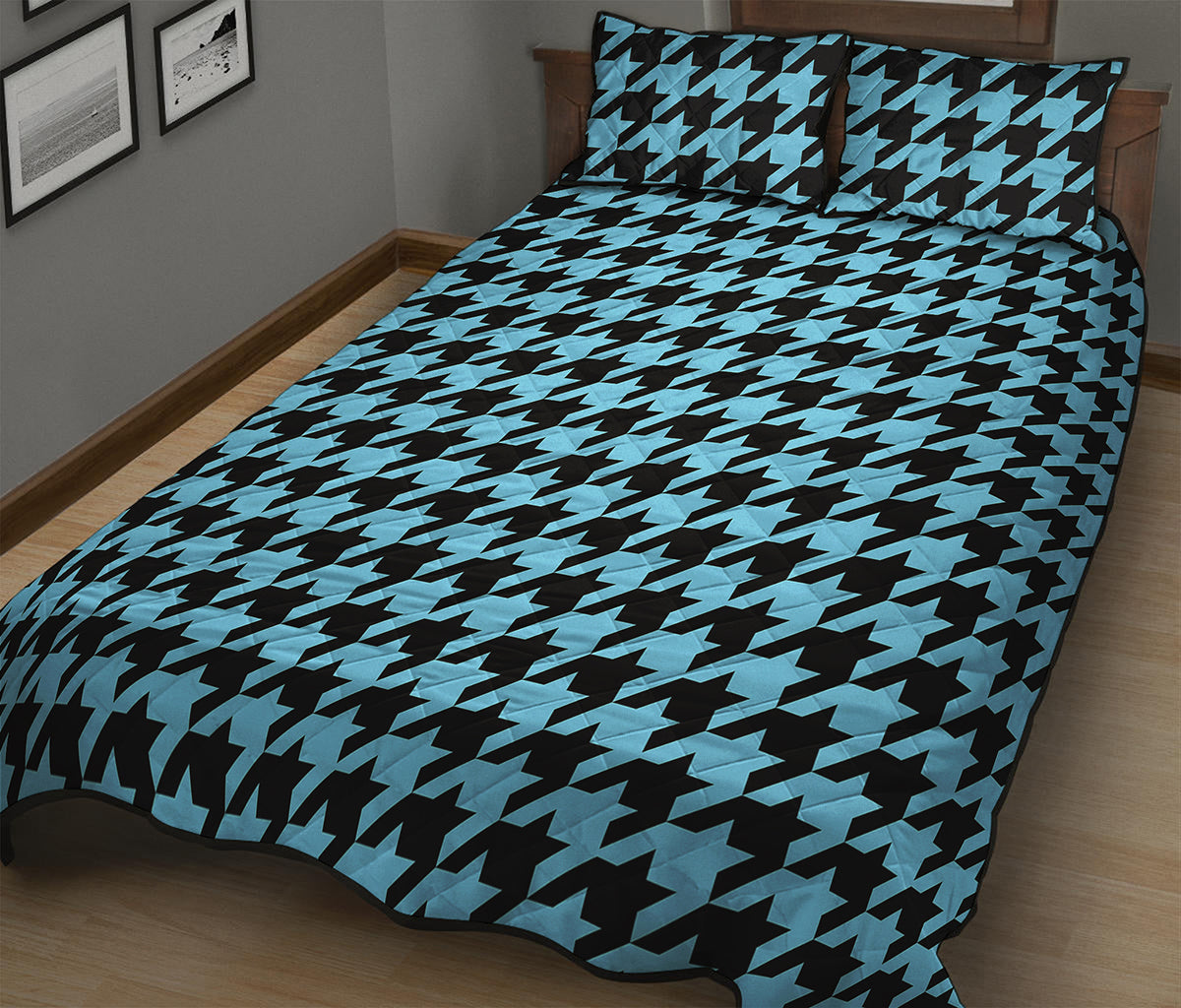 Blue And Black Houndstooth Pattern Print Quilt Bed Set