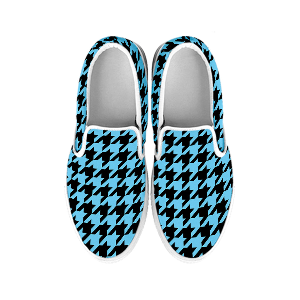 Blue And Black Houndstooth Pattern Print White Slip On Shoes