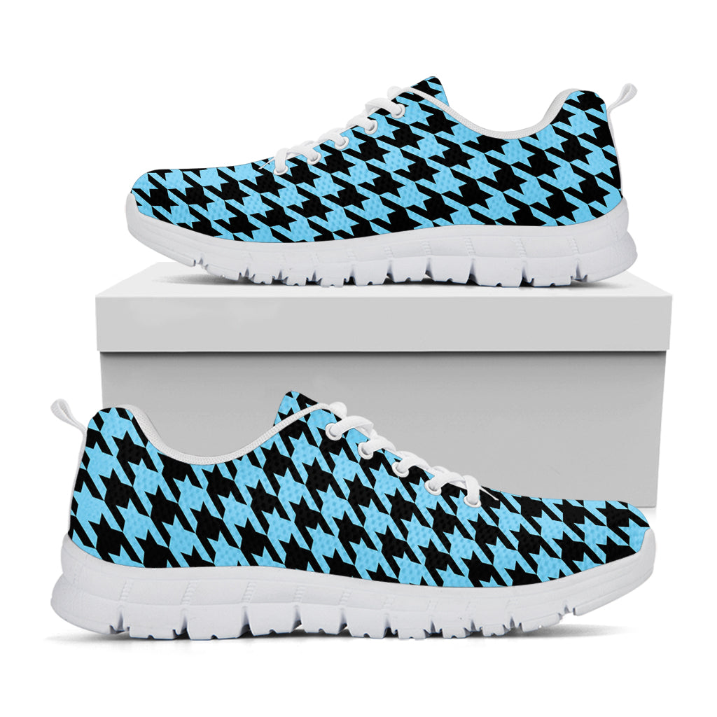 Blue And Black Houndstooth Pattern Print White Sneakers